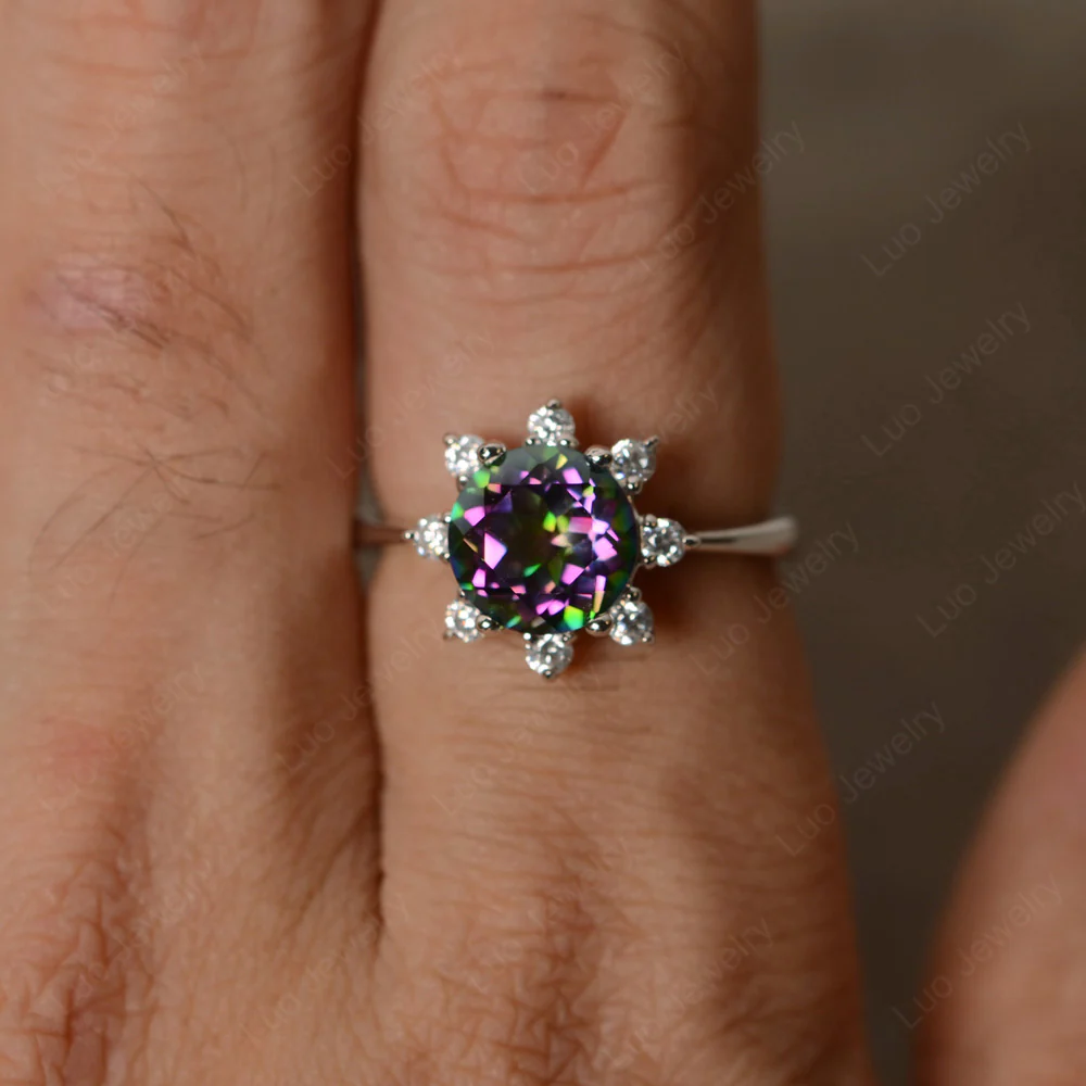 Mystic Topaz Sunburst Halo Engagement Ring - Image 4