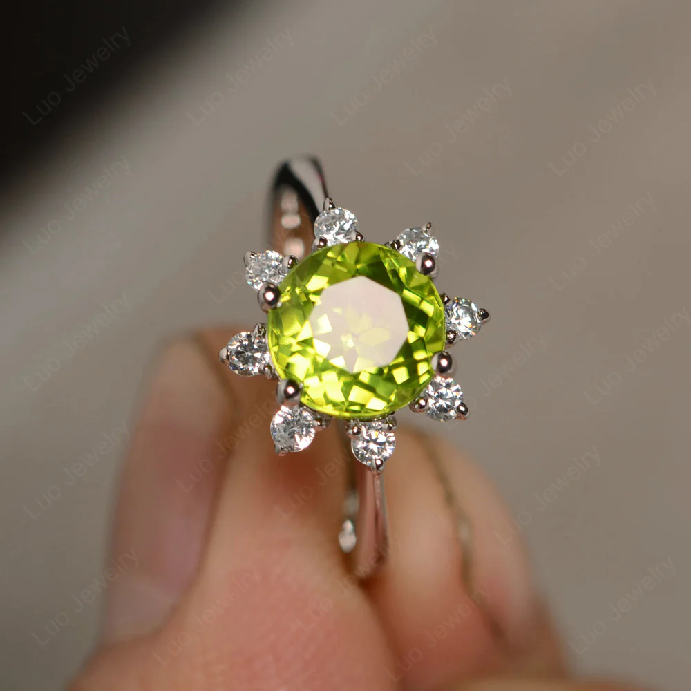 Peridot Sunburst Halo Engagement Ring
