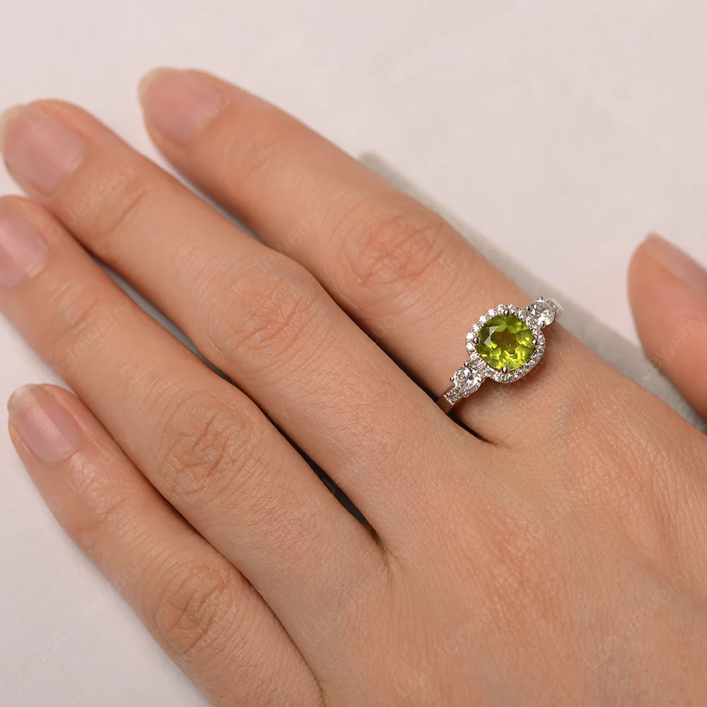 Brilliant Cut Peridot Halo Engagement Ring - Image 4
