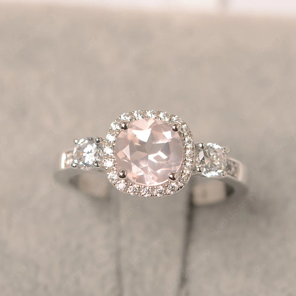 Brilliant Cut Rose Quartz Halo Engagement Ring - Image 5