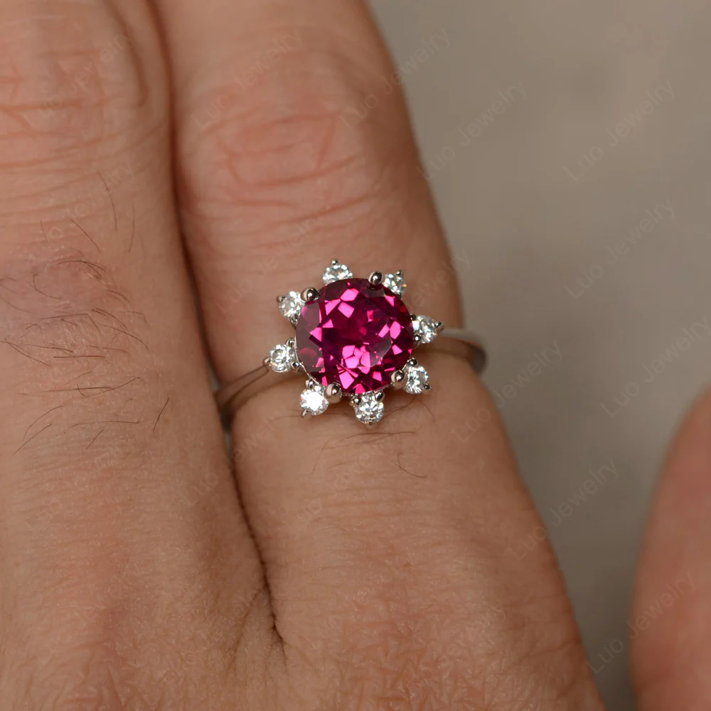 Ruby Sunburst Halo Engagement Ring - Image 4