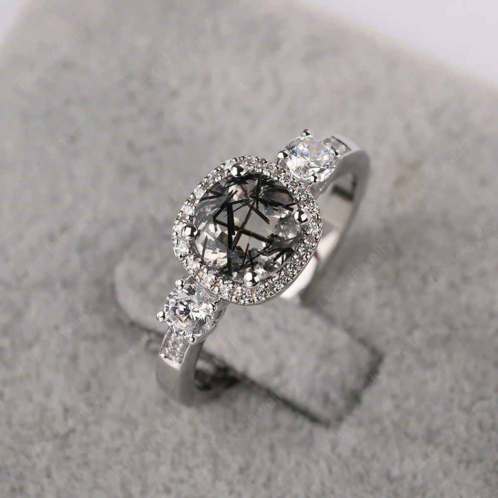 Brilliant Cut Black Rutilated Quartz Halo Engagement Ring - Image 2