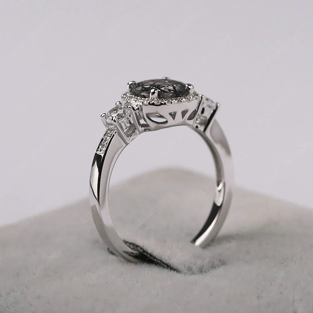 Brilliant Cut Black Rutilated Quartz Halo Engagement Ring - Image 3