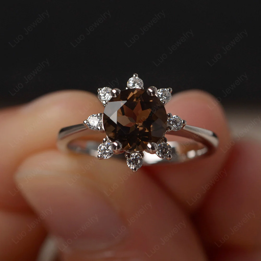 Smoky Quartz Sunburst Halo Engagement Ring