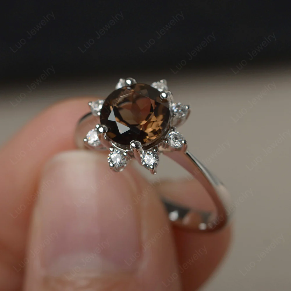 Smoky Quartz Sunburst Halo Engagement Ring - Image 2