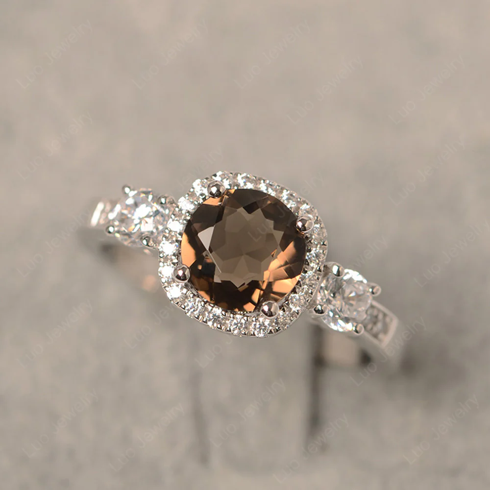 Brilliant Cut Smoky Quartz Halo Engagement Ring