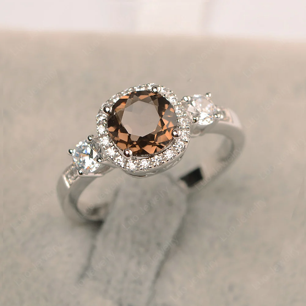 Brilliant Cut Smoky Quartz Halo Engagement Ring - Image 2