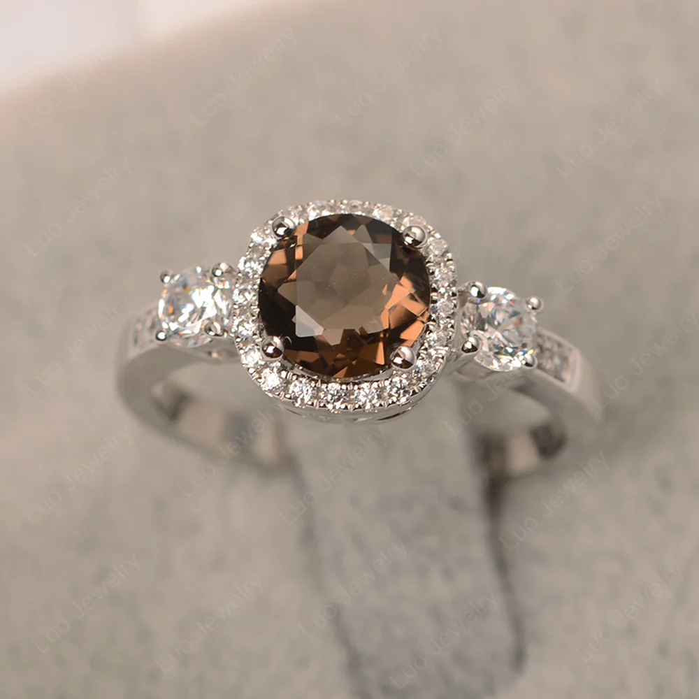 Brilliant Cut Smoky Quartz Halo Engagement Ring - Image 3