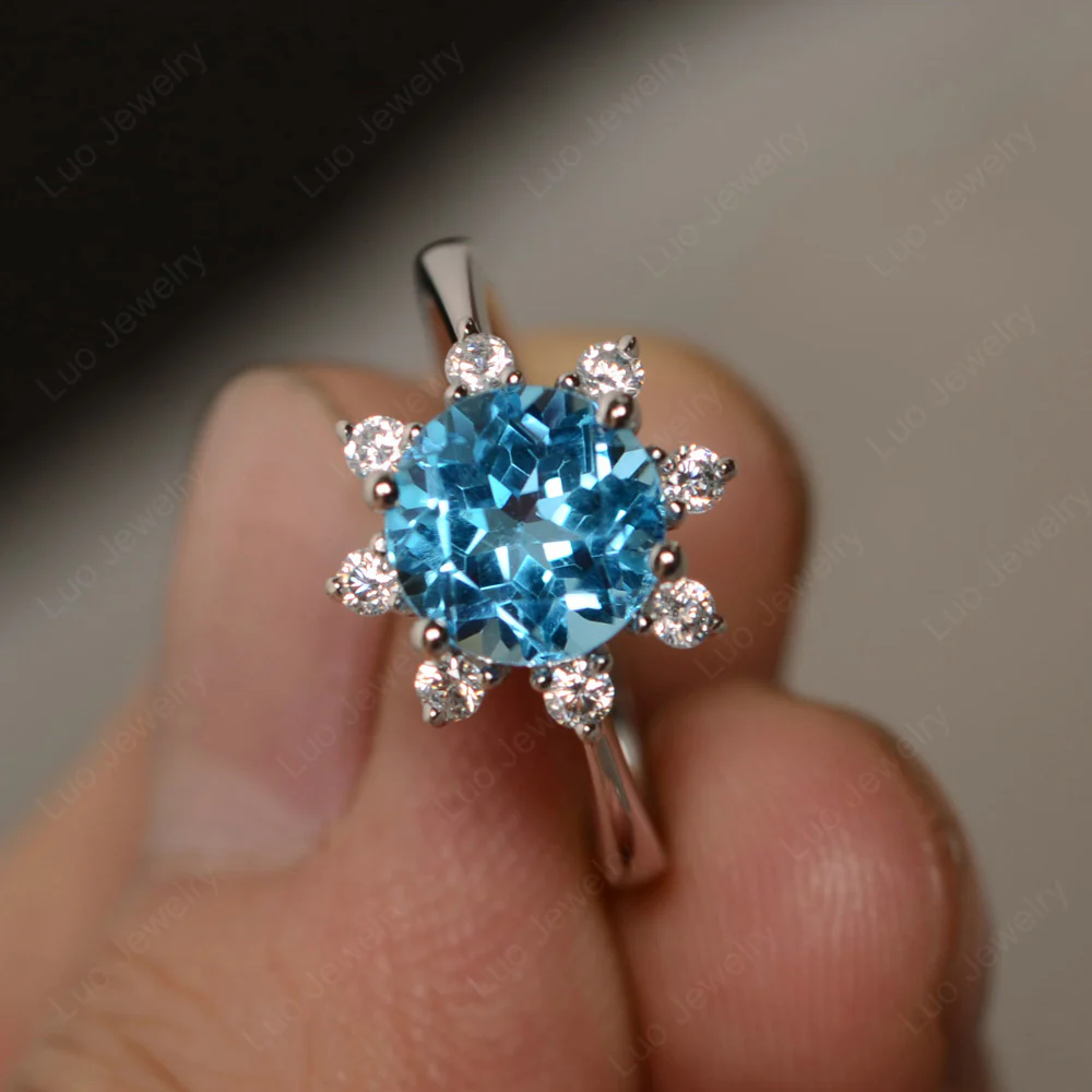 Swiss Blue Topaz Sunburst Halo Engagement Ring - Image 2