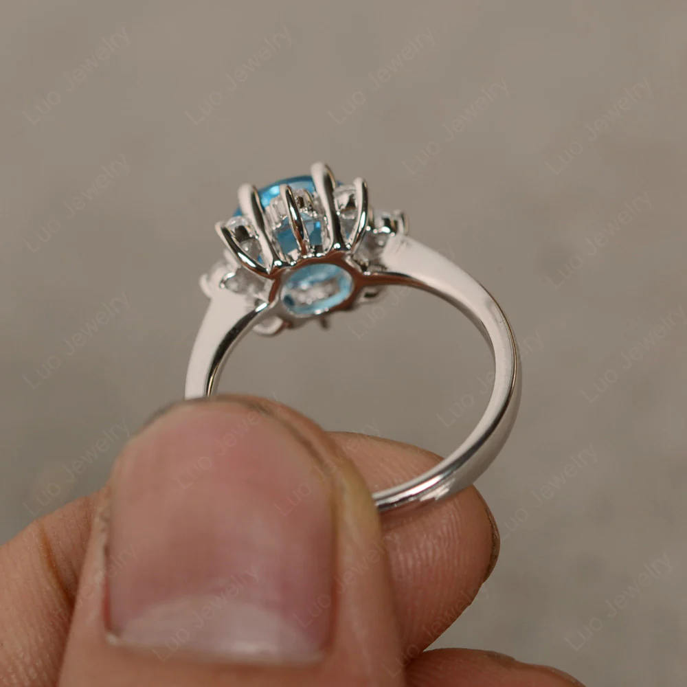 Swiss Blue Topaz Sunburst Halo Engagement Ring - Image 3