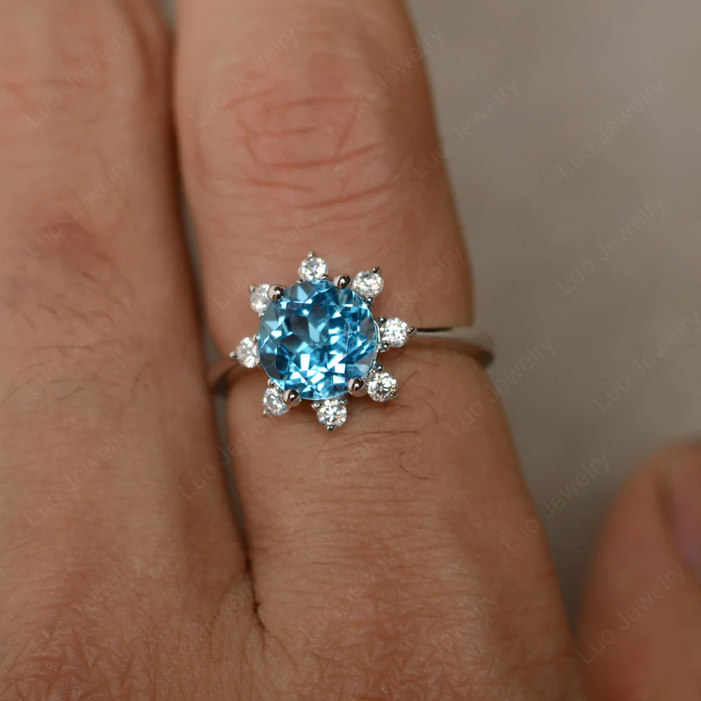 Swiss Blue Topaz Sunburst Halo Engagement Ring - Image 4