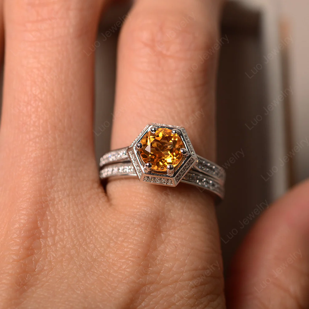 Citrine Hexagon Bridal Set Rings - Image 4