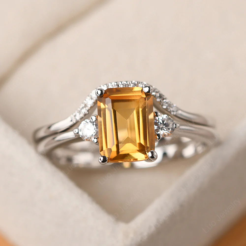 Citrine Emerald Cut Ring with Band