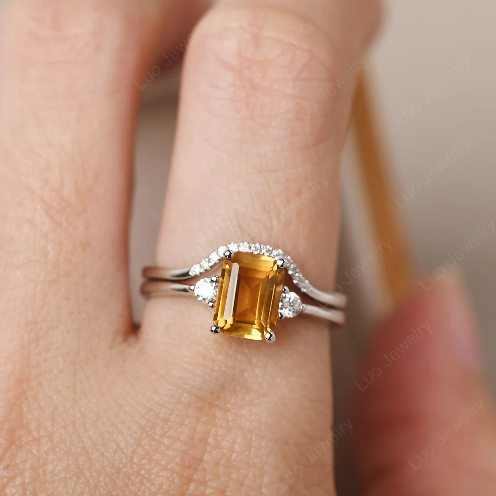 Citrine Emerald Cut Ring with Band - Image 6