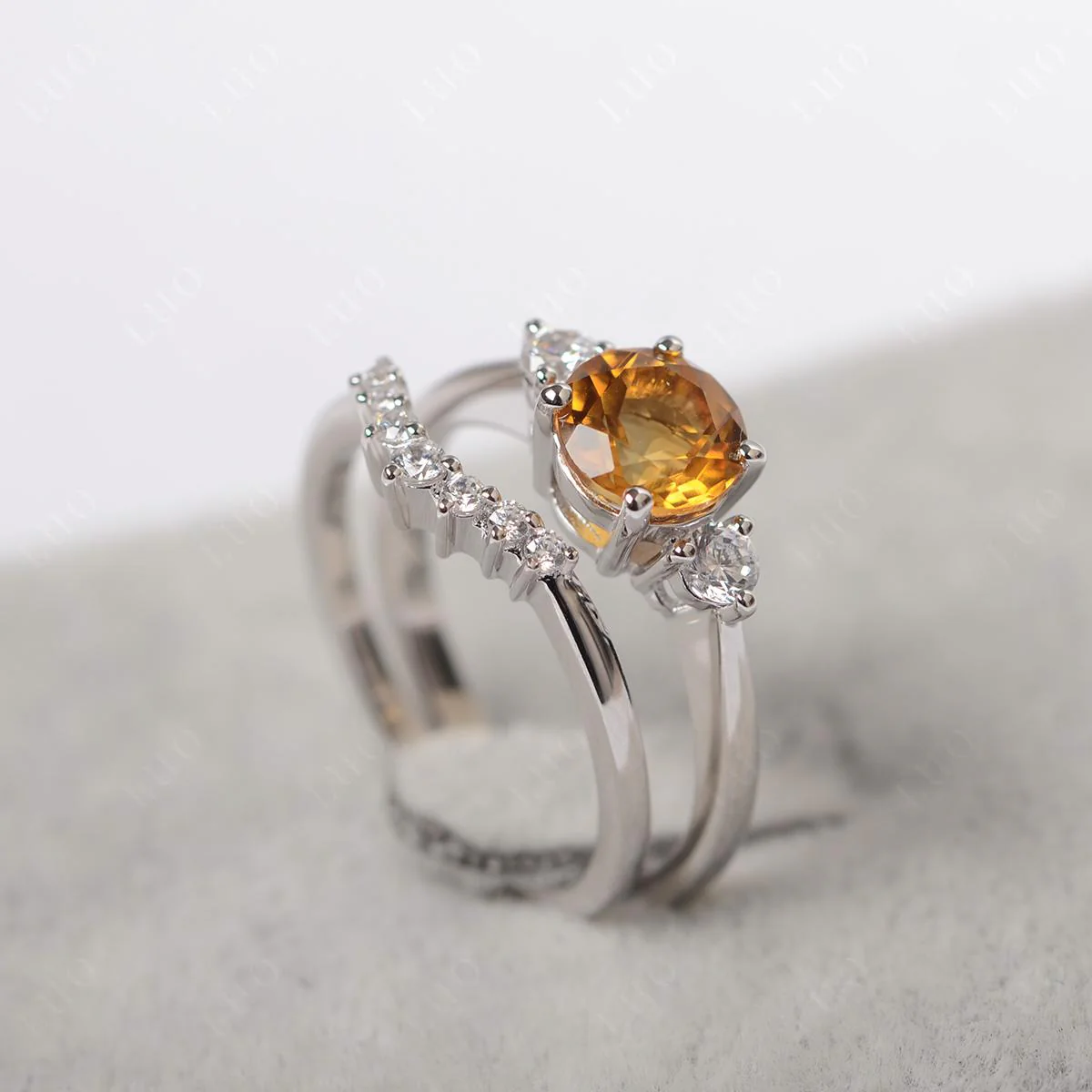 Round Citrine Wedding Ring Set - Image 12
