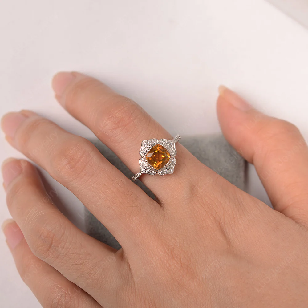 Cushion Citrine Bezel Set Halo Floral Ring - Image 3