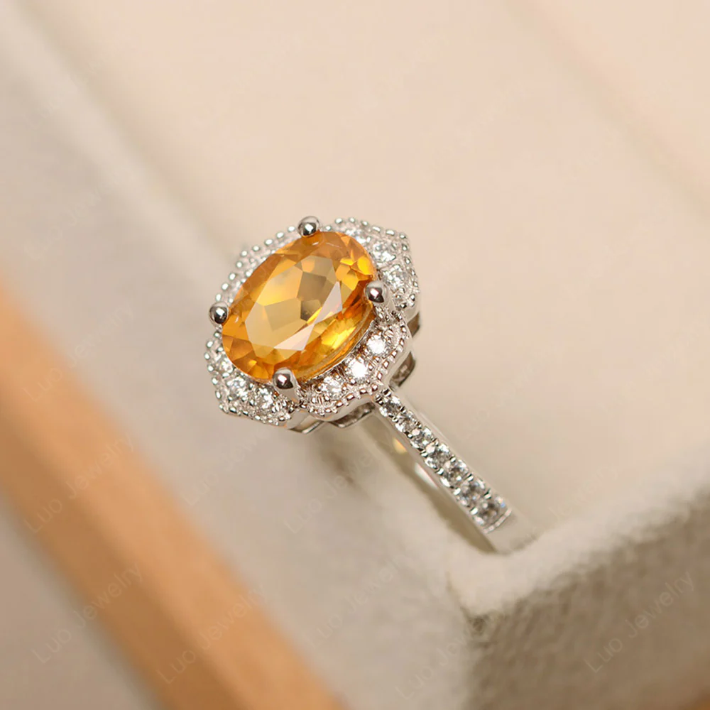 Milgrain Halo Citrine Engagement Ring - Image 2