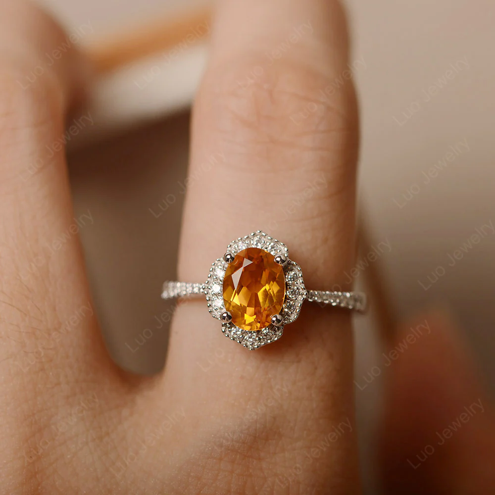 Milgrain Halo Citrine Engagement Ring - Image 5