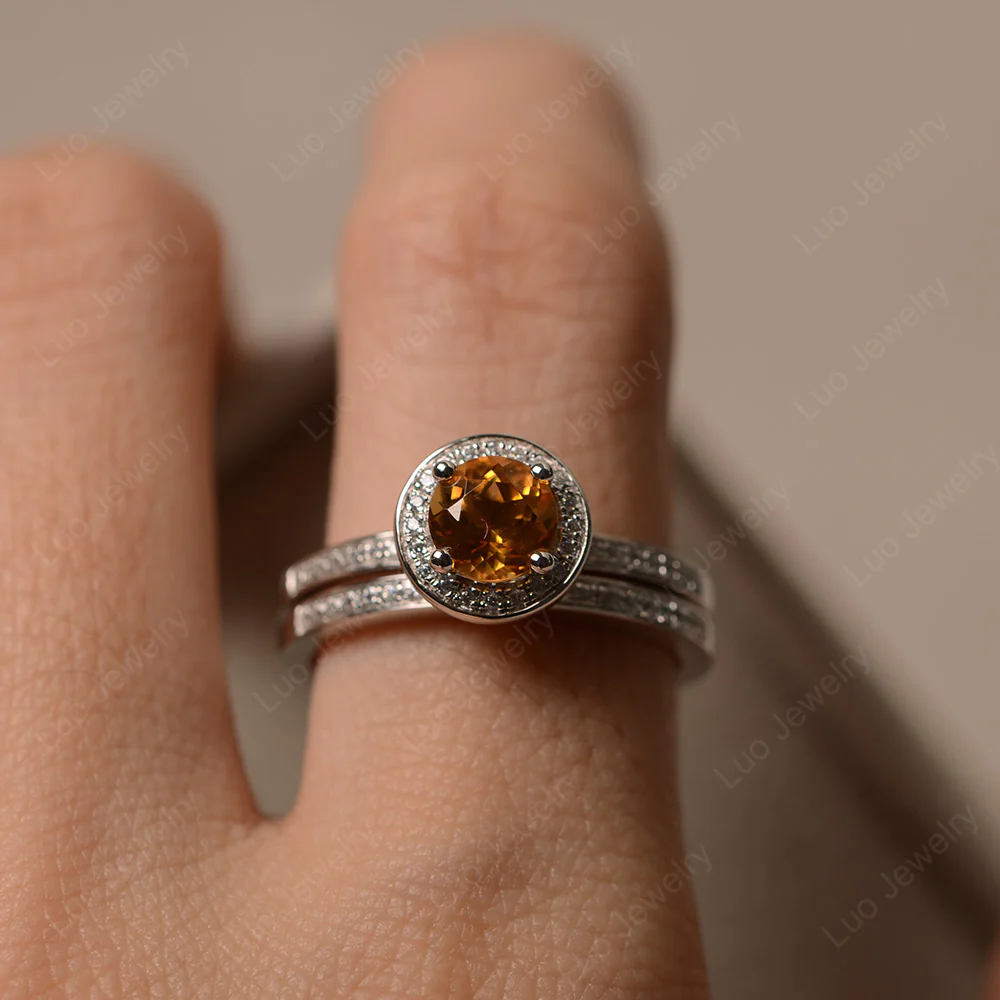 Round Cut Citrine Halo Bridal Set Ring - Image 4