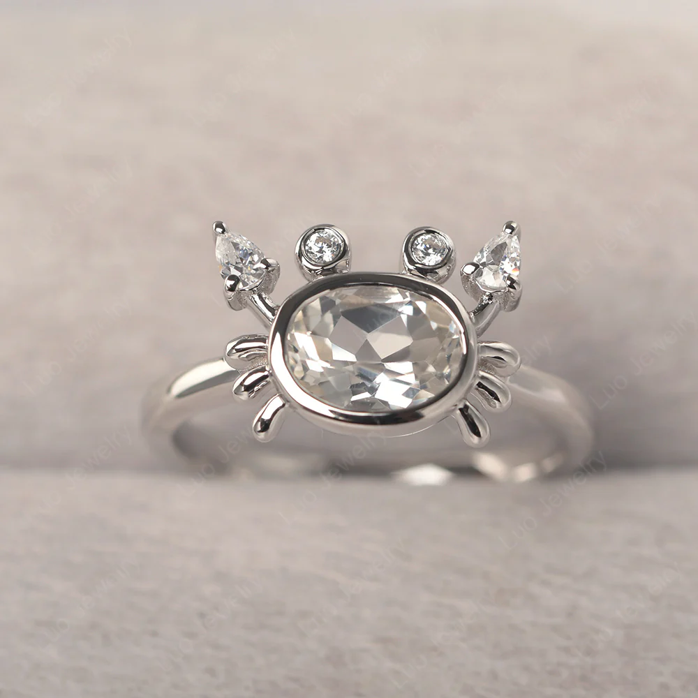 Oval Shape White Topaz Cancer Zodiac Ring
