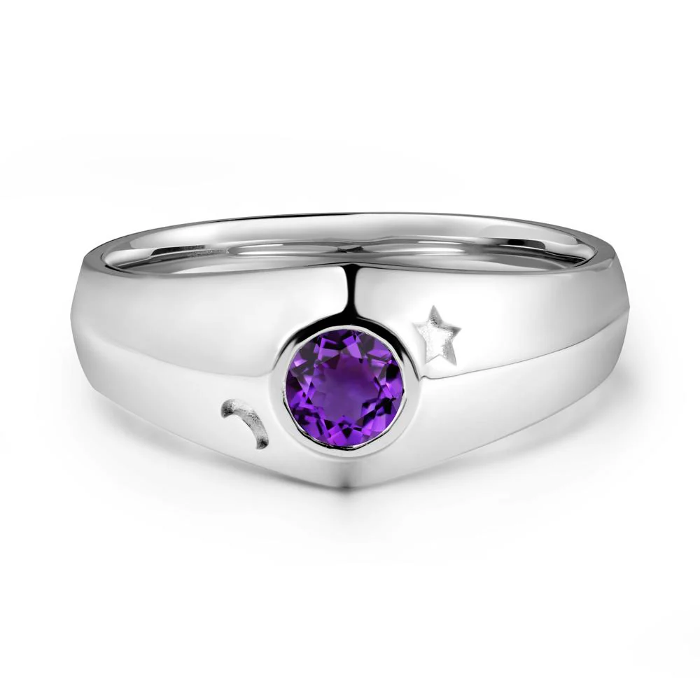 Crescent Moon and Star Bezel Set Amethyst Man Ring - Image 3
