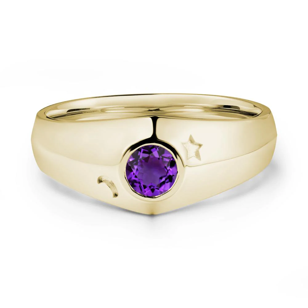 Crescent Moon and Star Bezel Set Amethyst Man Ring - Image 4