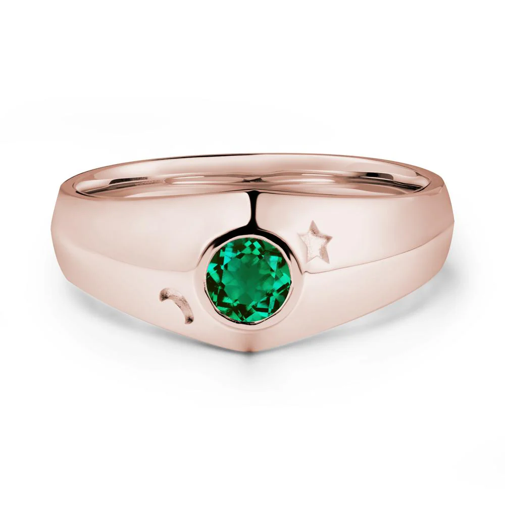Crescent Moon and Star Bezel Set Emerald Man Ring - Image 2