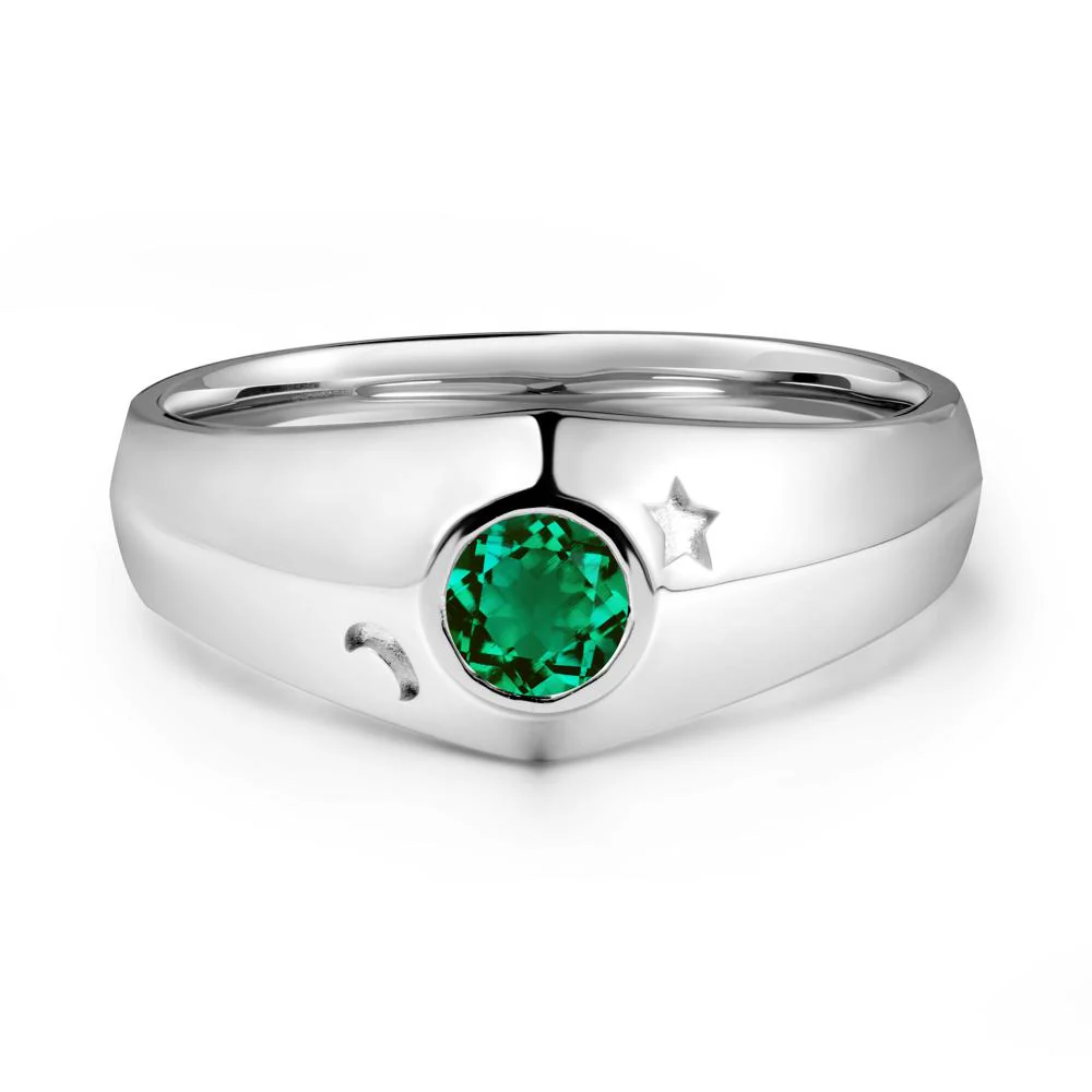 Crescent Moon and Star Bezel Set Emerald Man Ring - Image 3