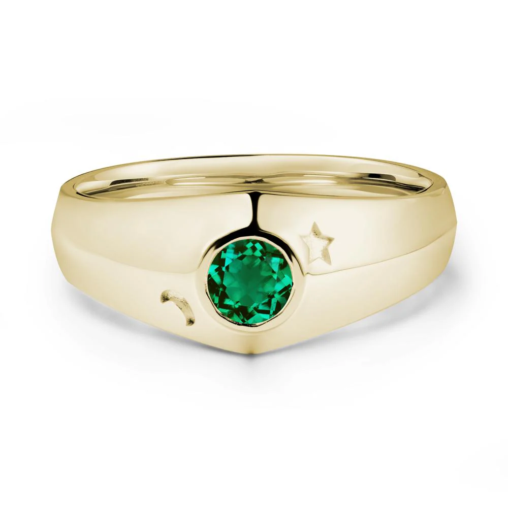 Crescent Moon and Star Bezel Set Emerald Man Ring - Image 4