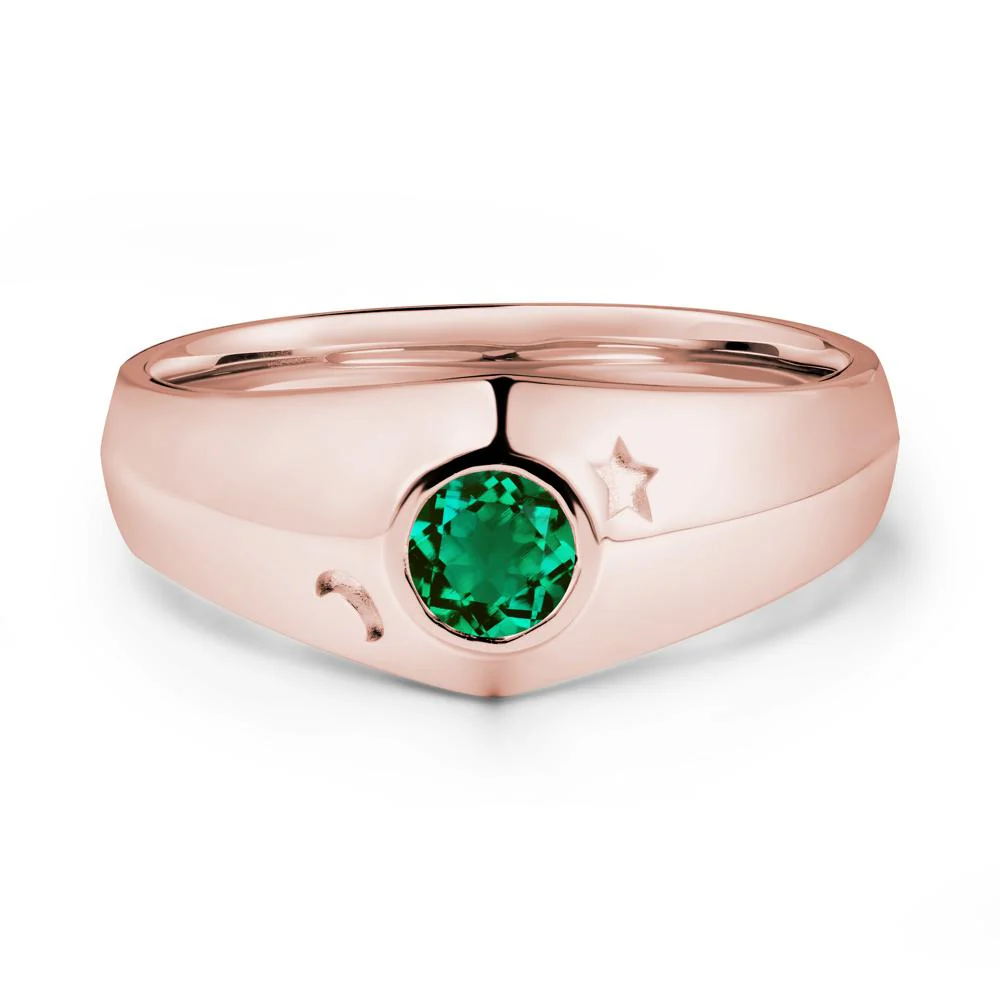 Crescent Moon and Star Bezel Set Emerald Man Ring - Image 5