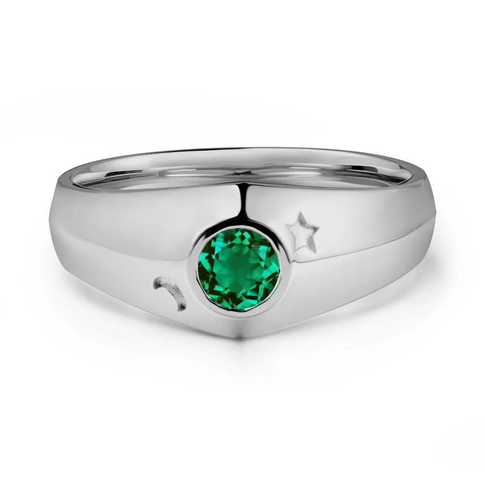 Crescent Moon and Star Bezel Set Emerald Man Ring - Image 9