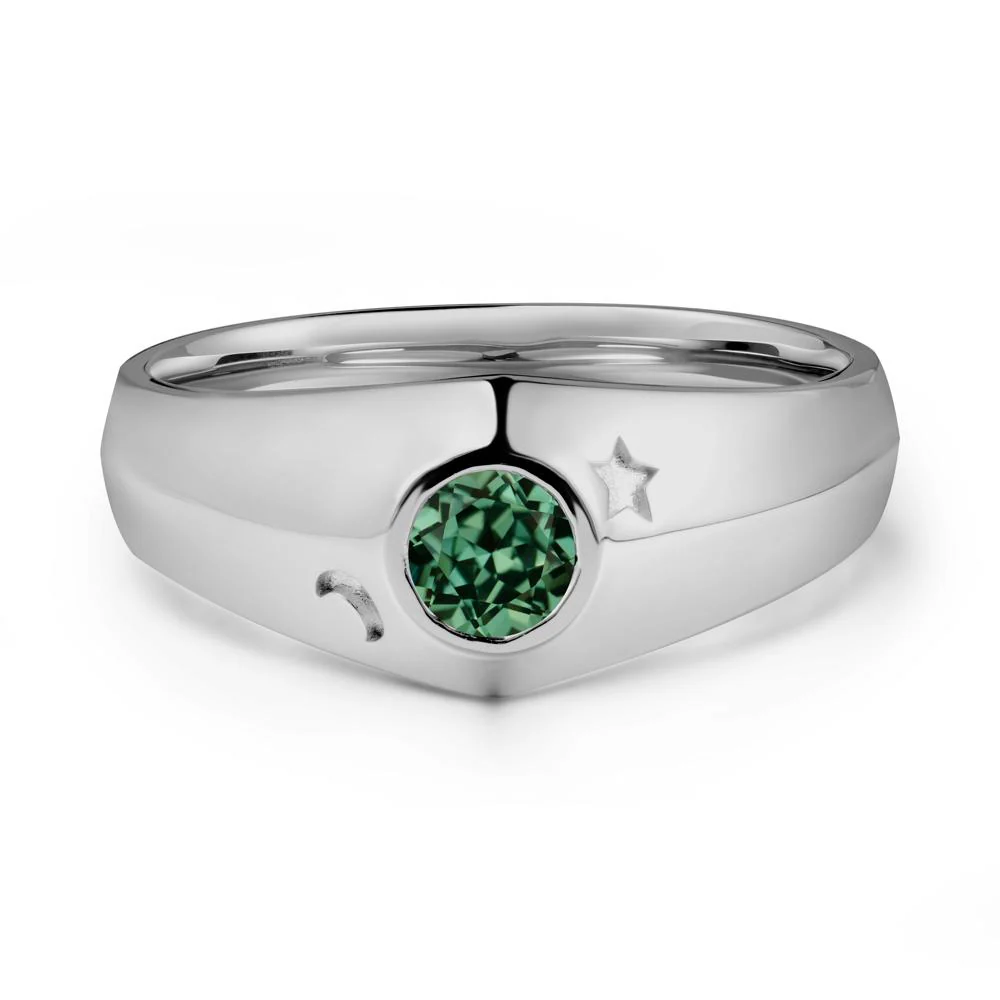 Crescent Moon and Star Bezel Set Green Sapphire Man Ring