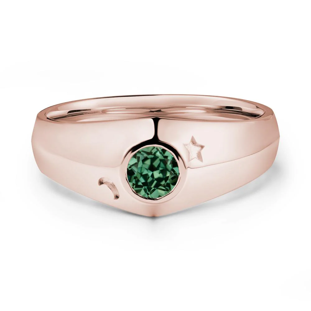 Crescent Moon and Star Bezel Set Green Sapphire Man Ring - Image 2