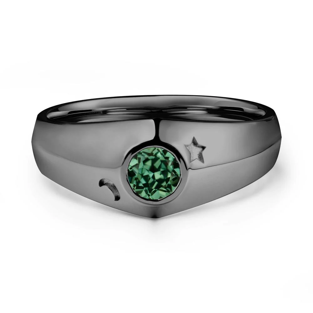 Crescent Moon and Star Bezel Set Green Sapphire Man Ring - Image 8