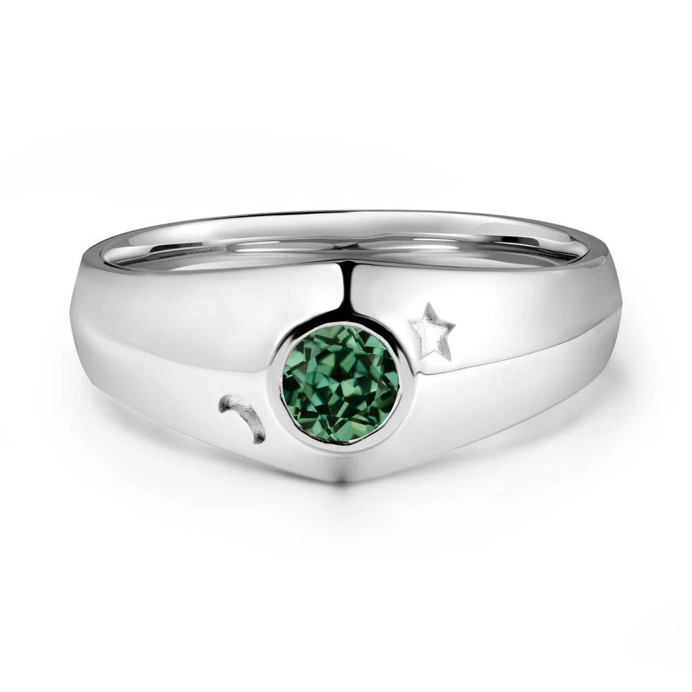 Crescent Moon and Star Bezel Set Green Sapphire Man Ring - Image 9