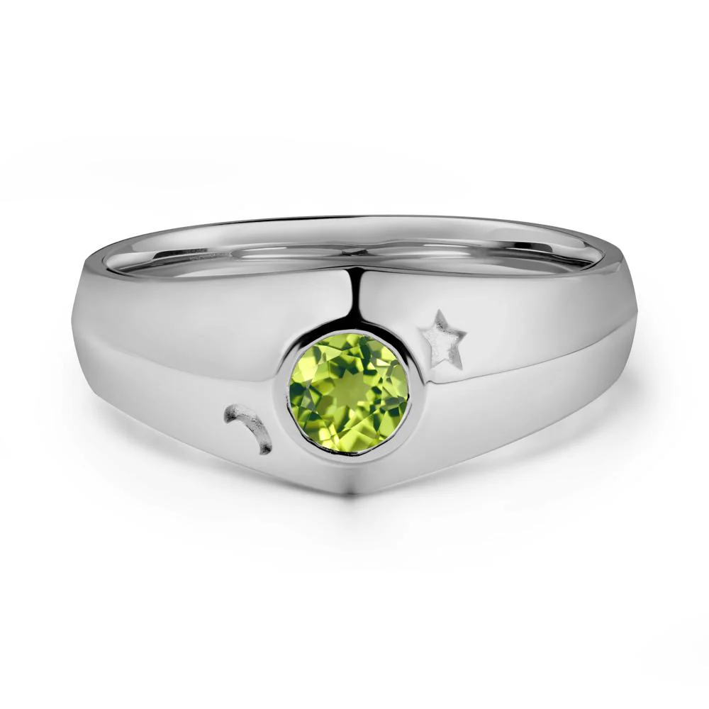 Crescent Moon and Star Bezel Set Peridot Man Ring