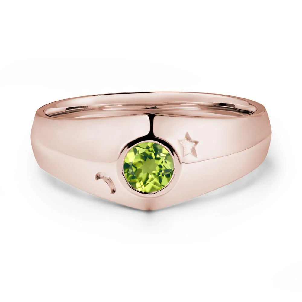 Crescent Moon and Star Bezel Set Peridot Man Ring - Image 2