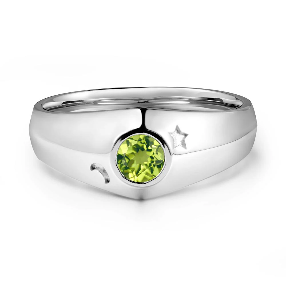 Crescent Moon and Star Bezel Set Peridot Man Ring - Image 6