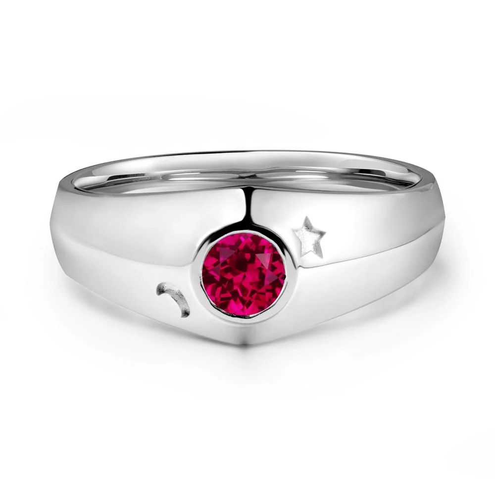 Crescent Moon and Star Bezel Set Ruby Man Ring - Image 2