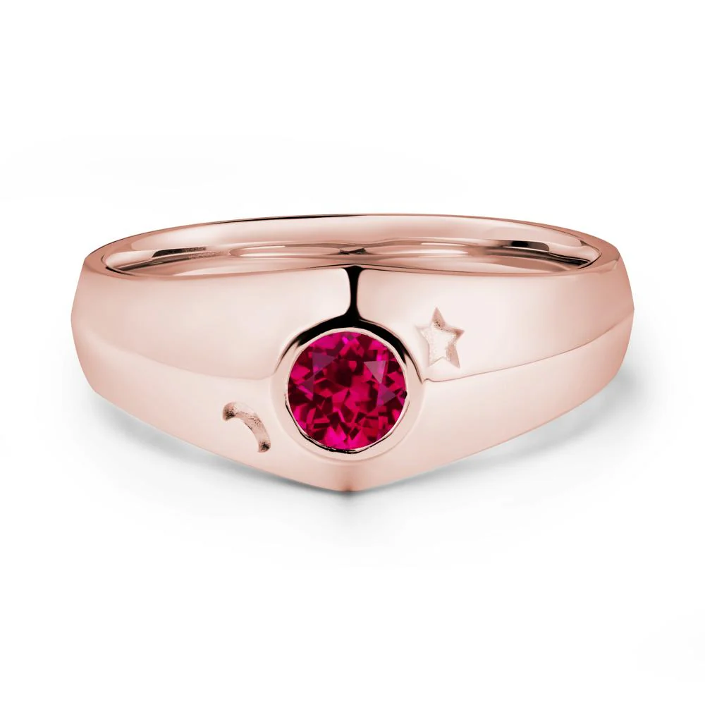 Crescent Moon and Star Bezel Set Ruby Man Ring - Image 4