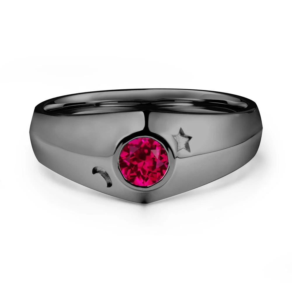 Crescent Moon and Star Bezel Set Ruby Man Ring - Image 7