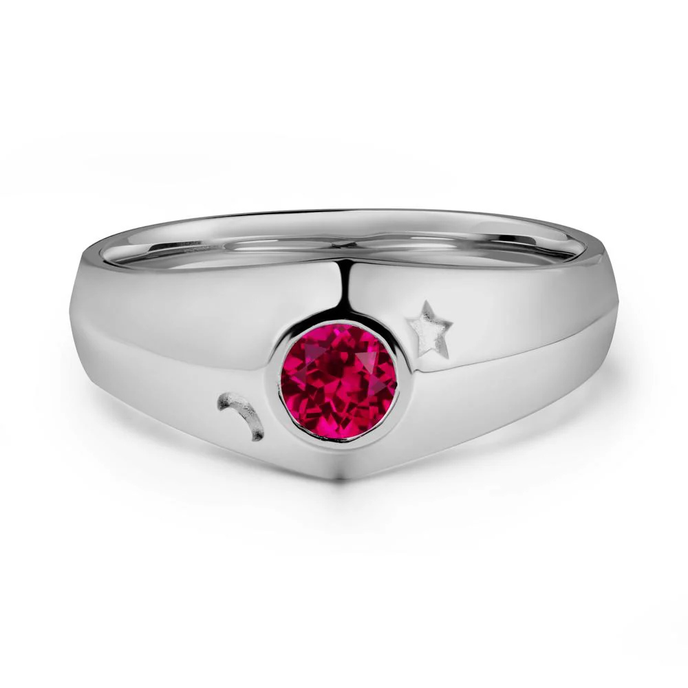 Crescent Moon and Star Bezel Set Ruby Man Ring - Image 8