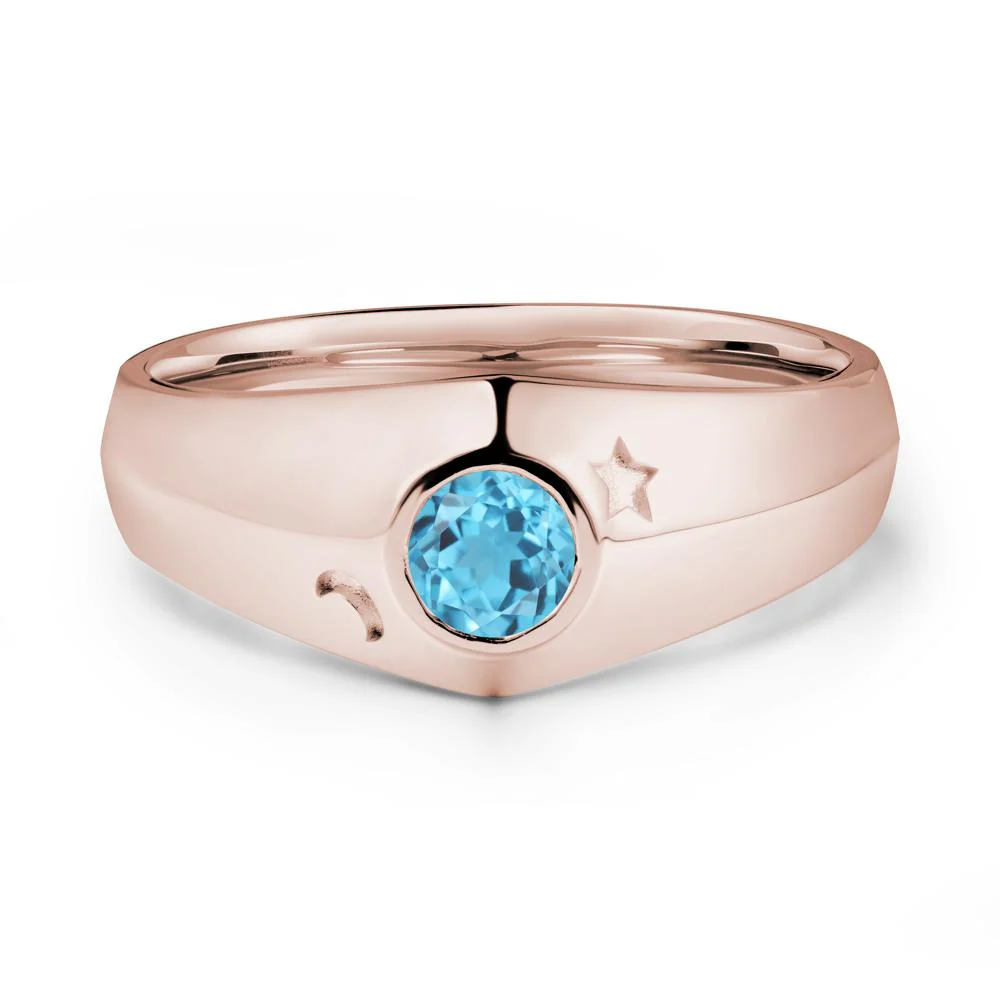 Crescent Moon and Star Bezel Set Swiss Blue Topaz Man Ring - Image 2