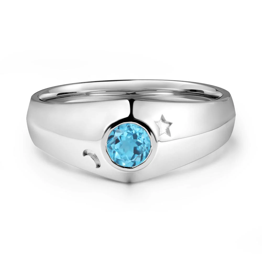 Crescent Moon and Star Bezel Set Swiss Blue Topaz Man Ring - Image 5
