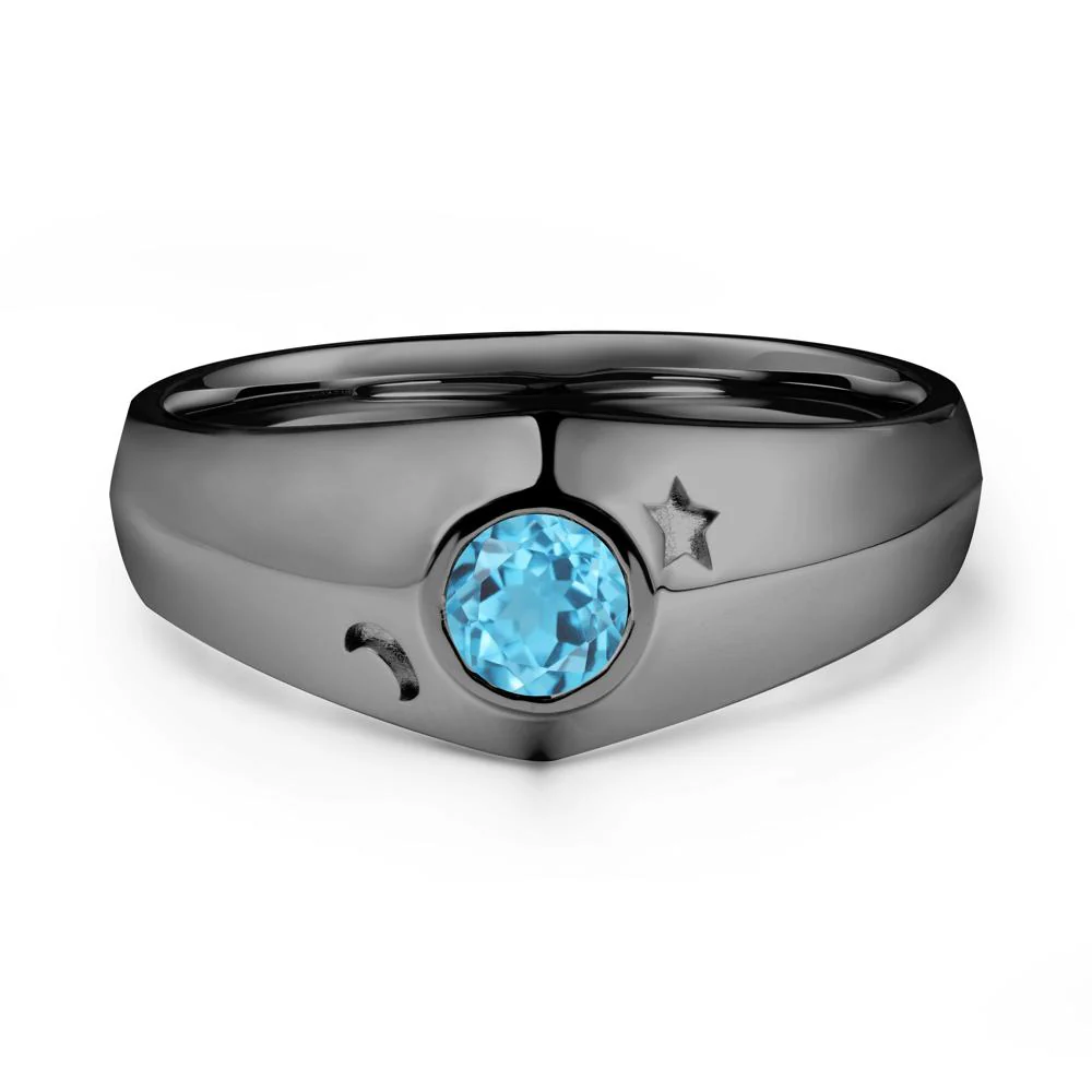 Crescent Moon and Star Bezel Set Swiss Blue Topaz Man Ring - Image 7