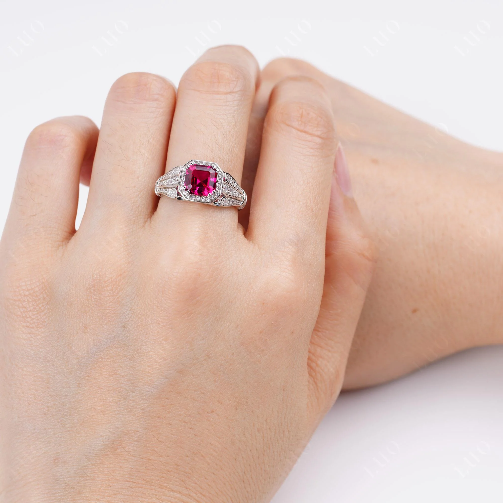 Crown Ruby Halo Ring - Image 5