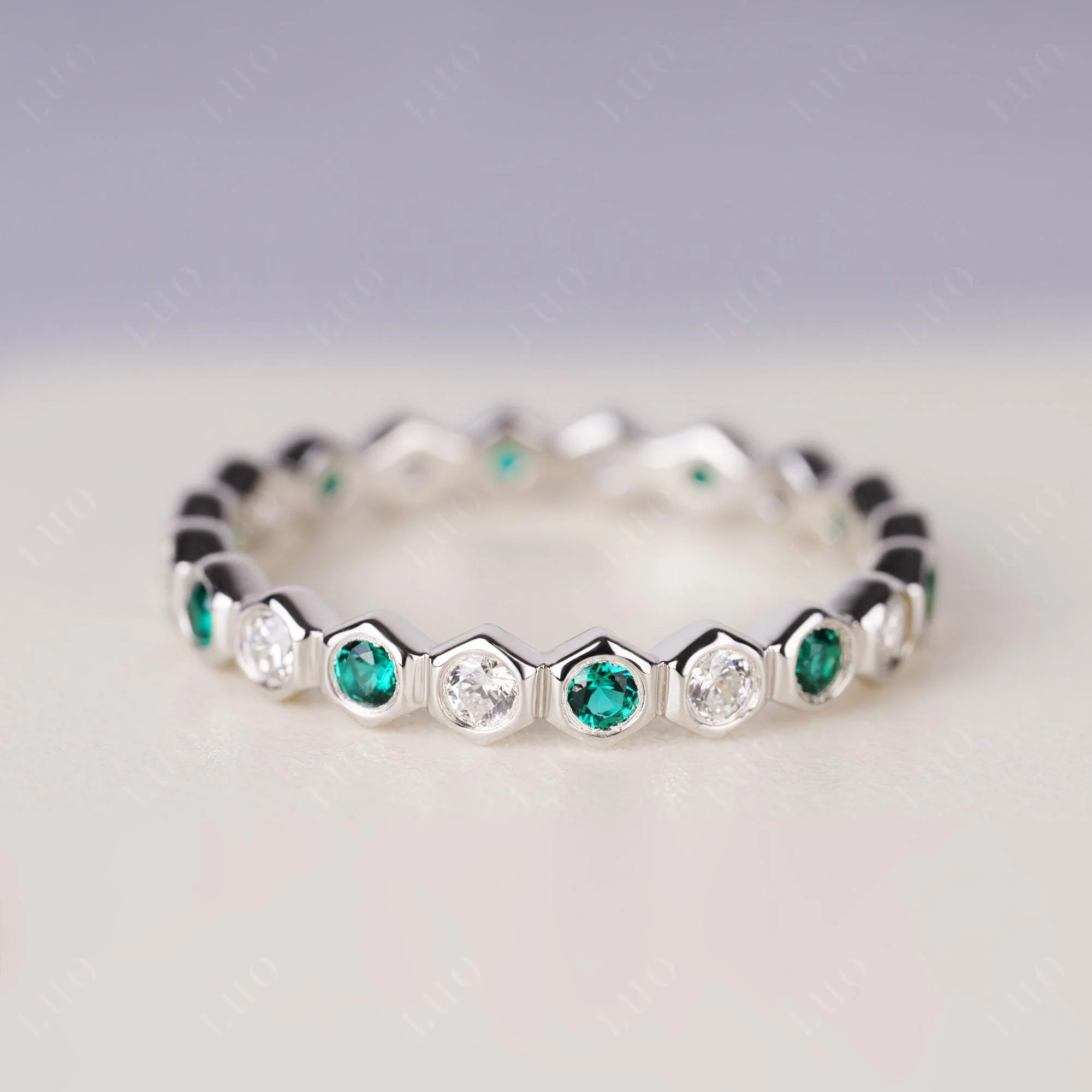 Cubic Zirconia and Emerald Hexagon Wedding Ring