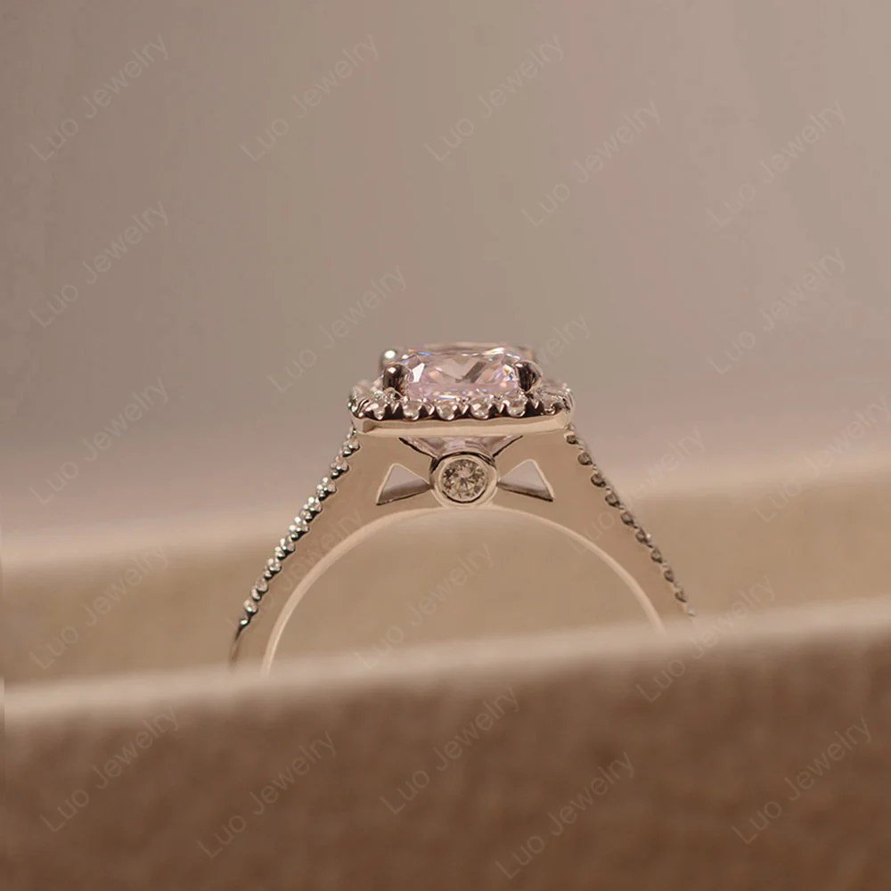Pink Cubic Zirconia Cushion Cut Halo Engagement Ring - Image 5