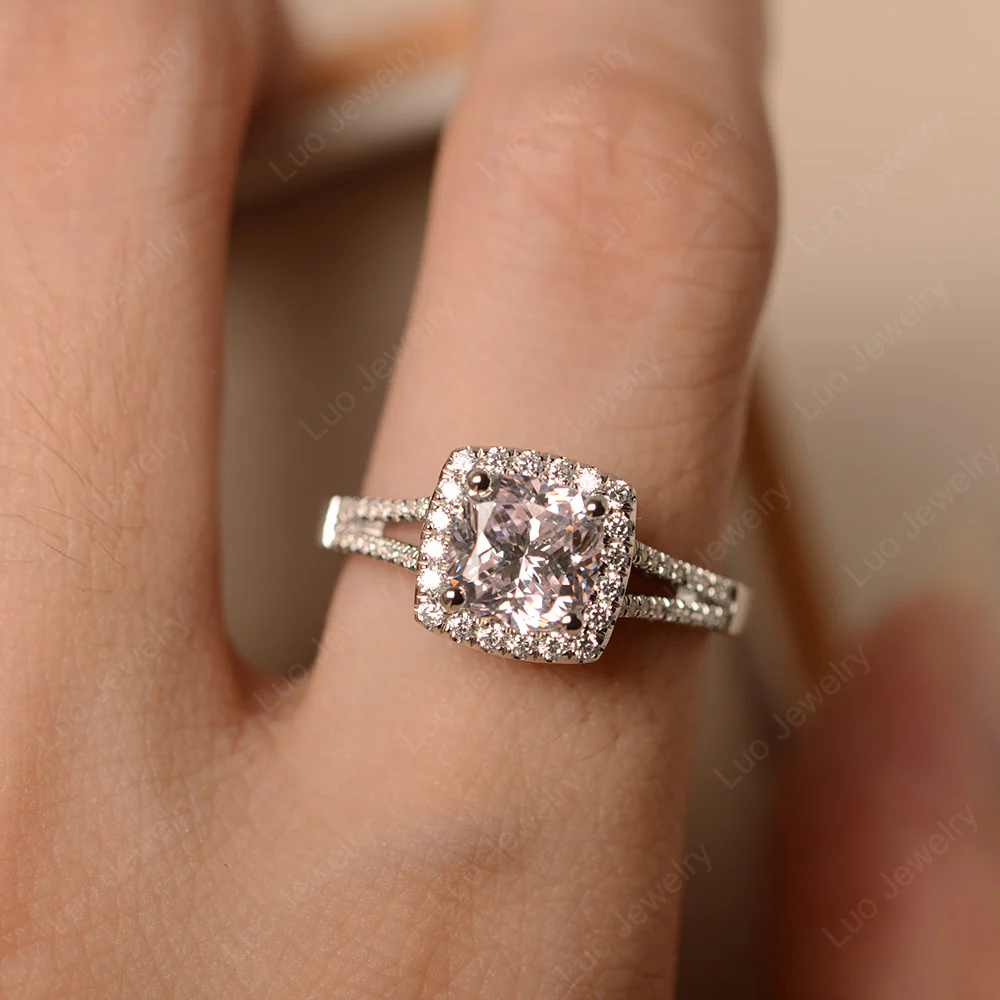 Pink Cubic Zirconia Cushion Cut Halo Engagement Ring - Image 6