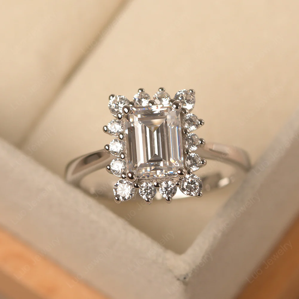 Cubic Zirconia Emerald Cut Halo Engagement Ring